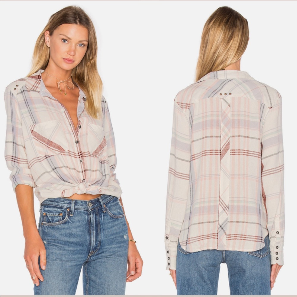 Free People Wesley Plaid Button Down in Morning Dew Ivory Boho Chic Shirt Top S